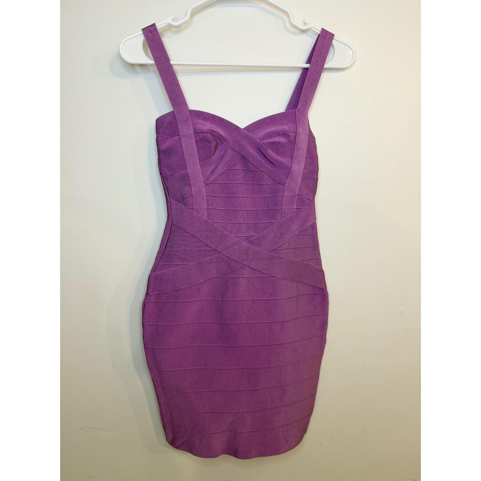 Herve Leger Criss-Cross Bodycon Mini Dress Purple Sweetheart Neckline Sz Medium